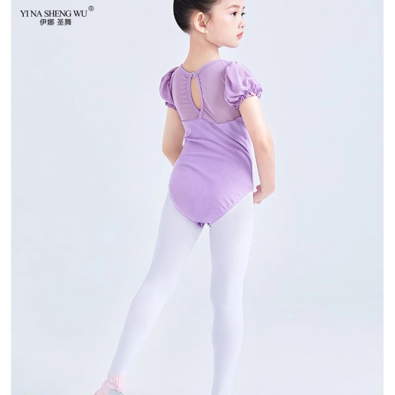 Leotardo de Ballet para niñas, trajes de manga abombada, leotardos de gimnasia, Ropa de baile de empalme de malla, Body de Ballet para niños, Ropa de baile