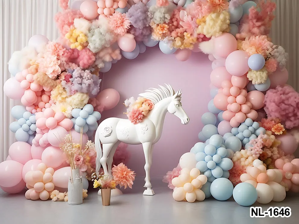 핑크 꽃 풍선 말 유니콘 배경, 코튼 클라우드 케이크 스매쉬, 생일 파티, 신생아 장식 배너, 무지개 배경