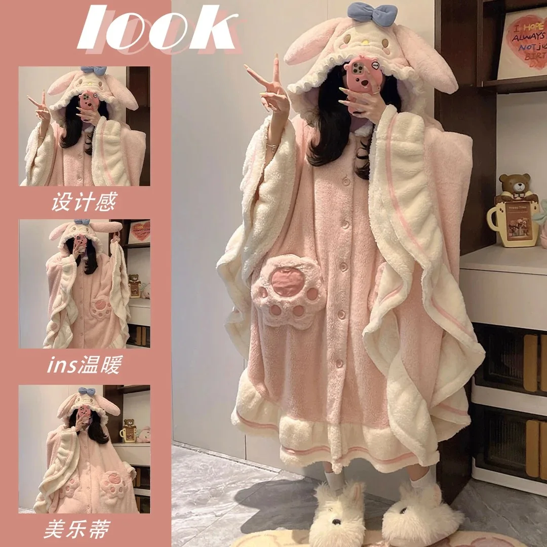 Anime My Melody 2 pezzi pigiama caldo peluche set Sanrio Kawaii inverno carino homewear per le donne camicia da notte in velluto corallo mantello ispessito