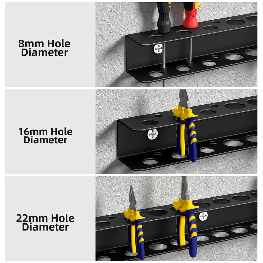 Wall Mount Carbon Steel Tool Rack Set 3pcs with Multiple Hole Sizes to Enable Efficient Vertical Tool Organization in Workspaces