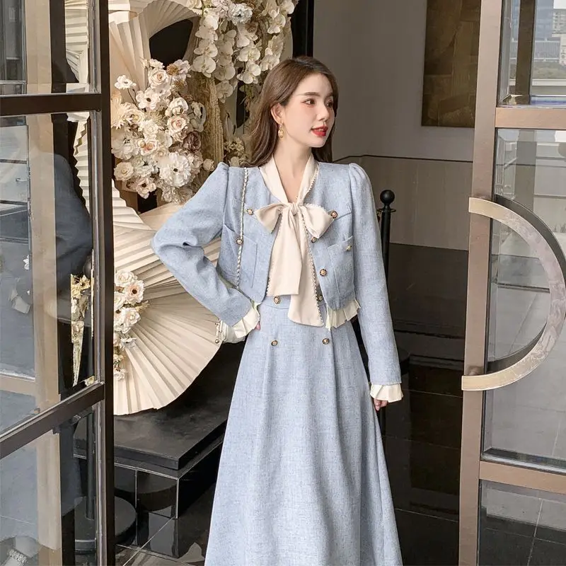 Woman's Autumn/winter Fragrance Style Tie Tweed Blazers Coat Skirt Set Vintage Solid Color Bow  Overskirt Two-piece 