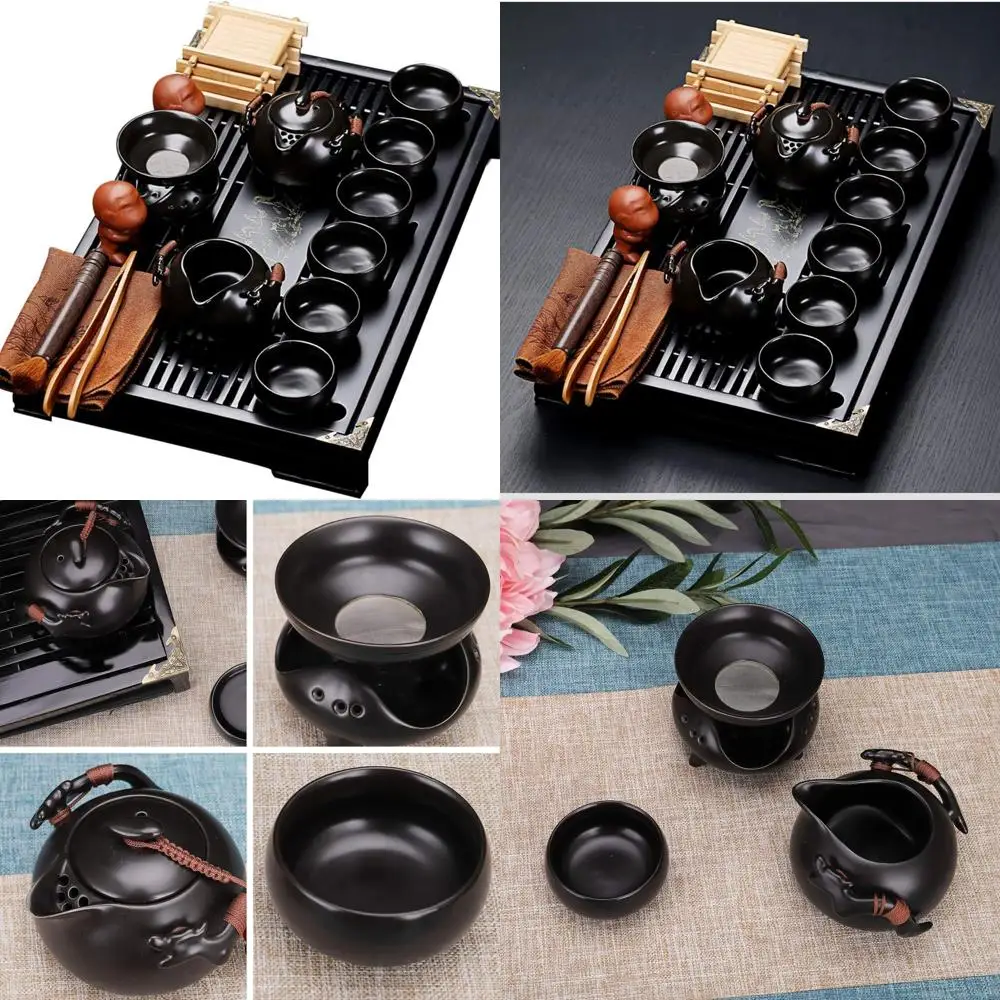 

Black Ceramic Kung Fu Tea Set with Porcelain Tray and Small Tea Tools