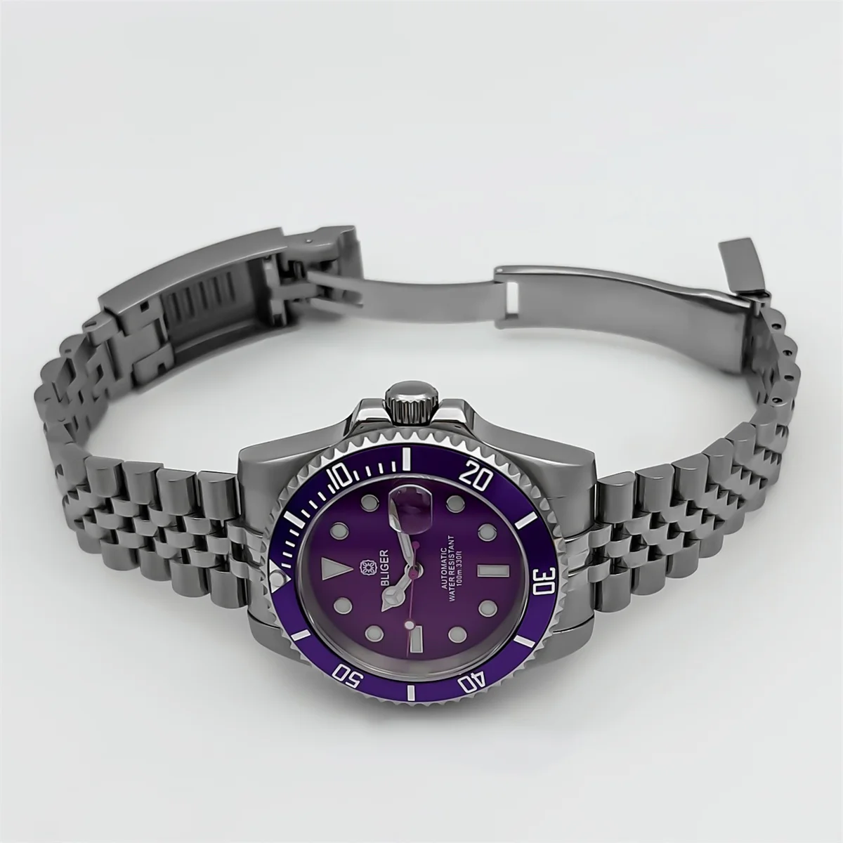 BLIGER 40mm Men\'s Automatic diving watch NH35A sapphire glass rotating bezel Purple dial Aluminum bezel Stainless steel bracelet