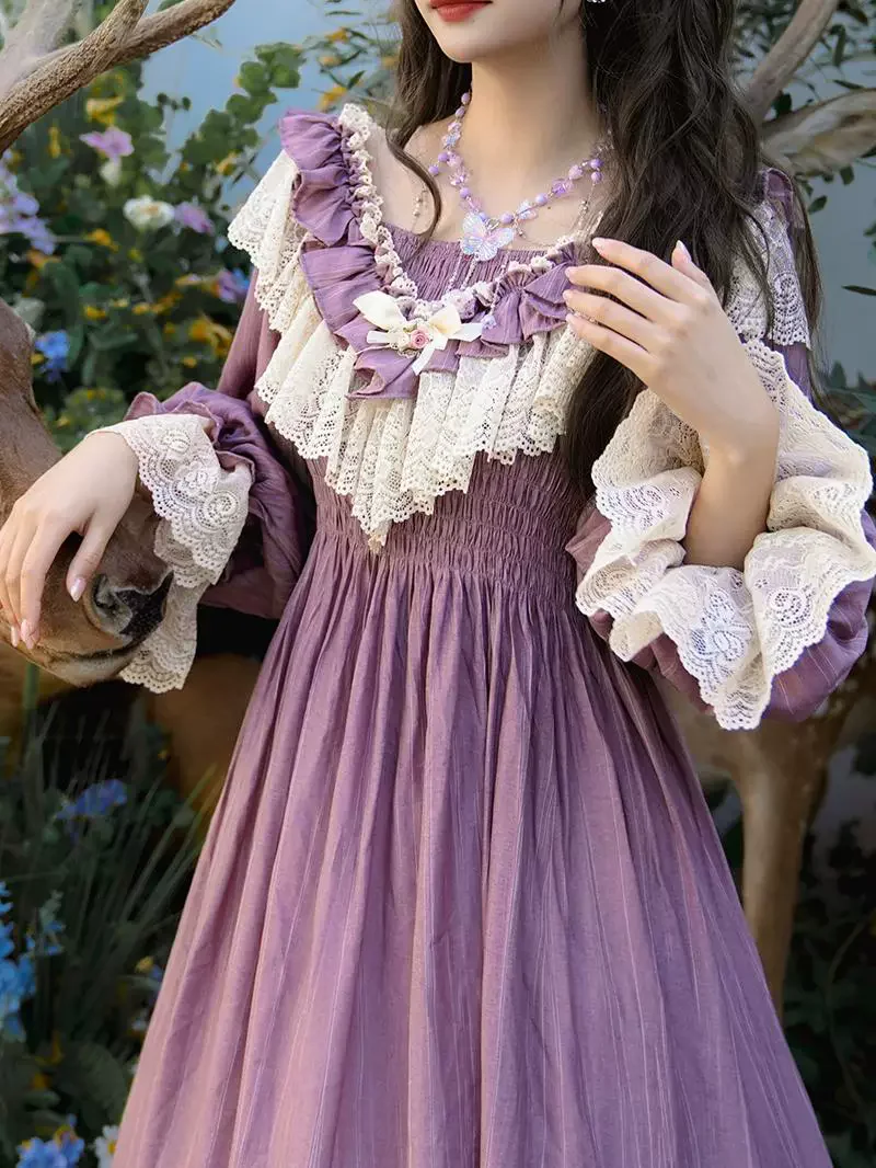 

Spring Autumn Women French Court Retro Tea Party Dress with Pleated Sleeves and Ombre Dyeing Dress