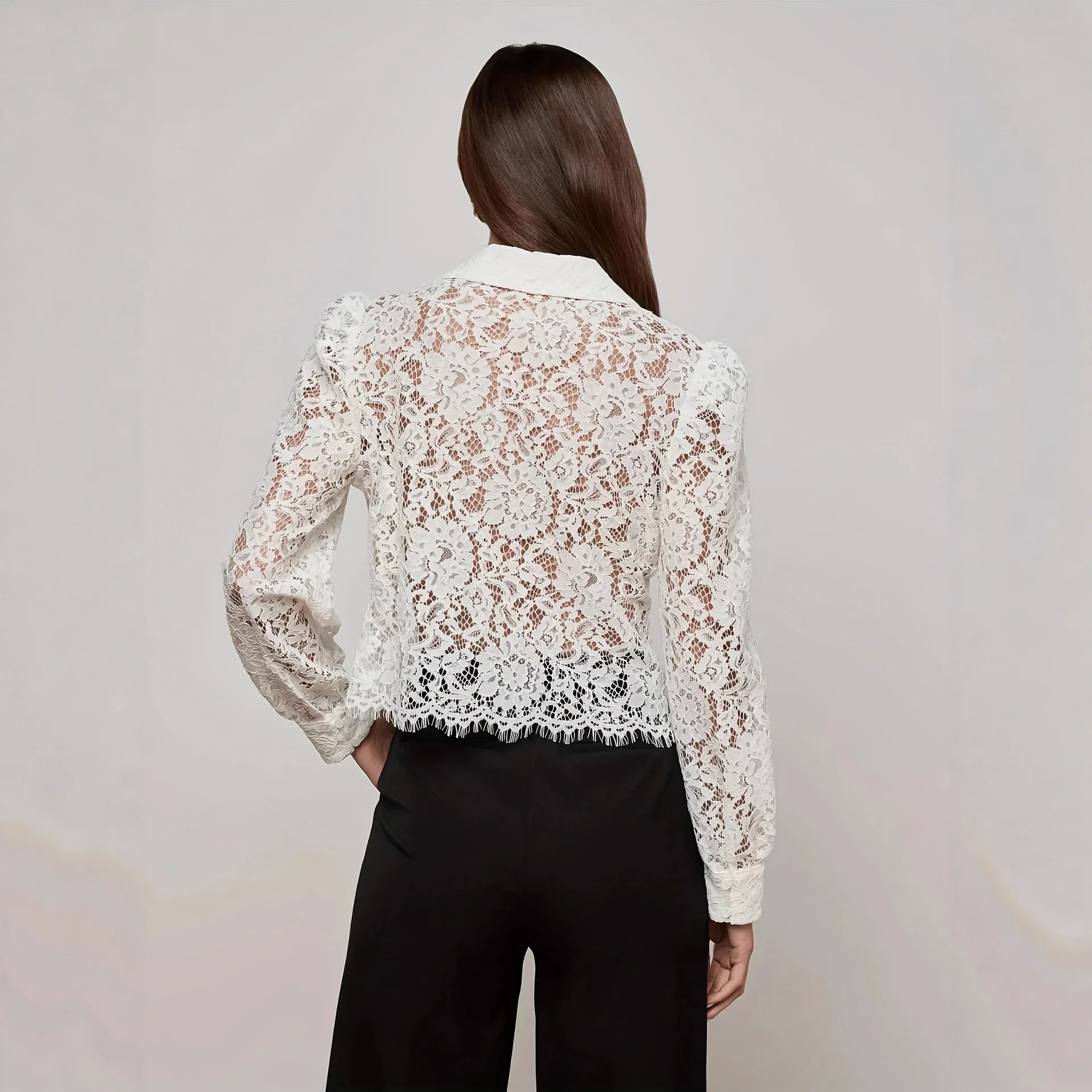 Spring Lace Long Sleeved Women's Shirt New Elegant Embroidered Solid Color Tees Autumn Sexy Perspective Slim Club Tops Blouses