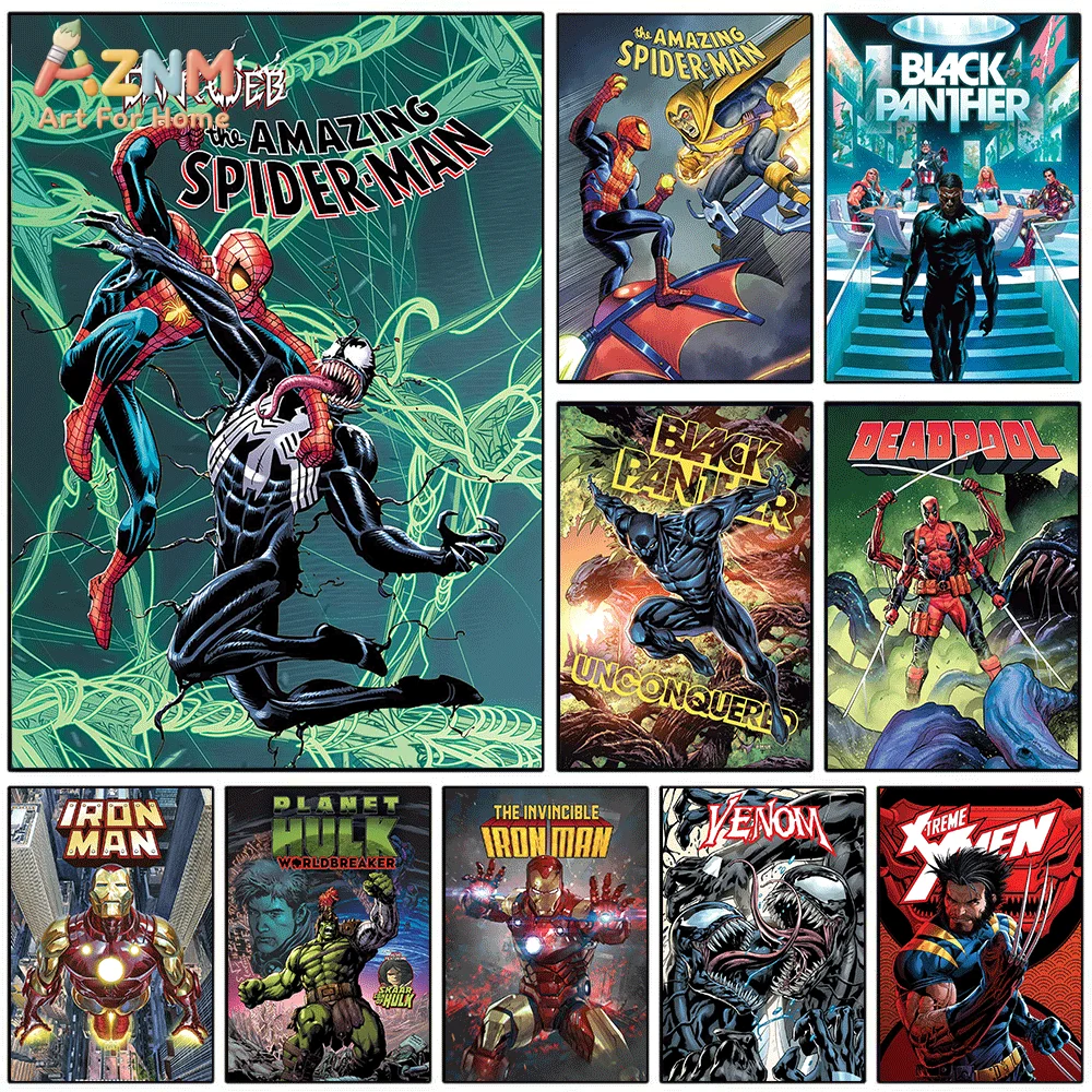 AZNM Marvel Superhero Comic Canvas Wall Art Frameless Print Spider‑Man Venom Iron Man Hulk Black‑Panther Deadpool Wolverine Ch