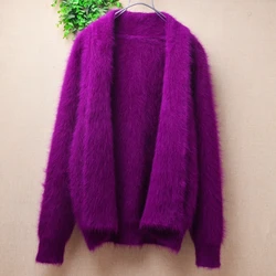 04 Ladies Women Fall Winter Clothing Purple Hairy Mink Cashmere Knitted Short Style Slim Cardigans Mantle Jacket Coat Sweater