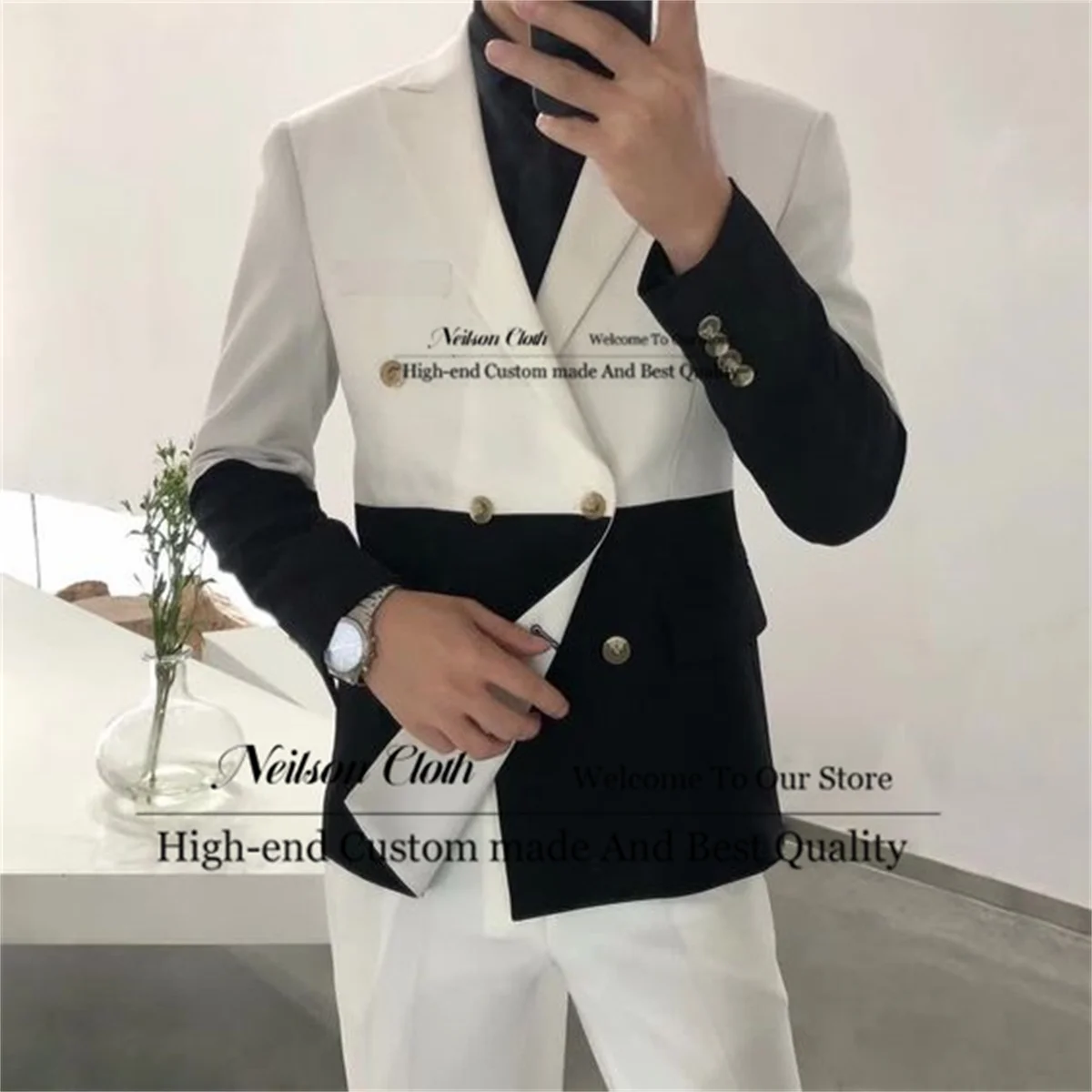 

White And Black Splicing Male Prom Blazers 2 Pcs Sets Double Breasted Groom Wedding Tuxedos Peaked Lapel Slim Fit Costume Homme