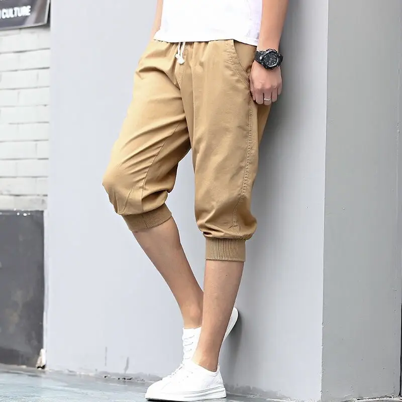 Summer New Sports Trend Versatile Casual Shorts Men's Solid Elastic Waist Drawstring Pockets Cotton Calf Length Cropped Pants