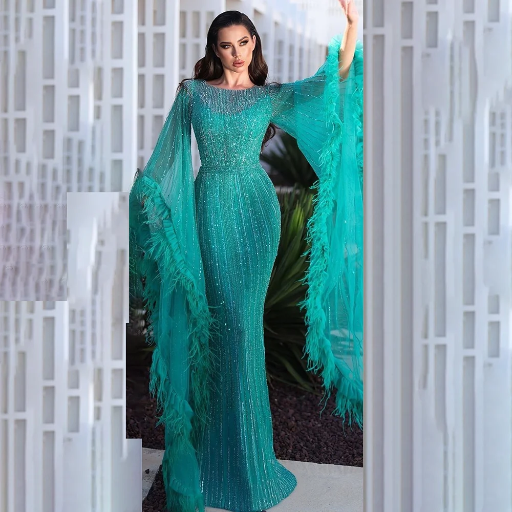 

Luxury Exquisite Stunning Prom Dress For Women Long Tulle Sleeves With Feather Slim Fit Floor Length Mermaid Evening Dresses