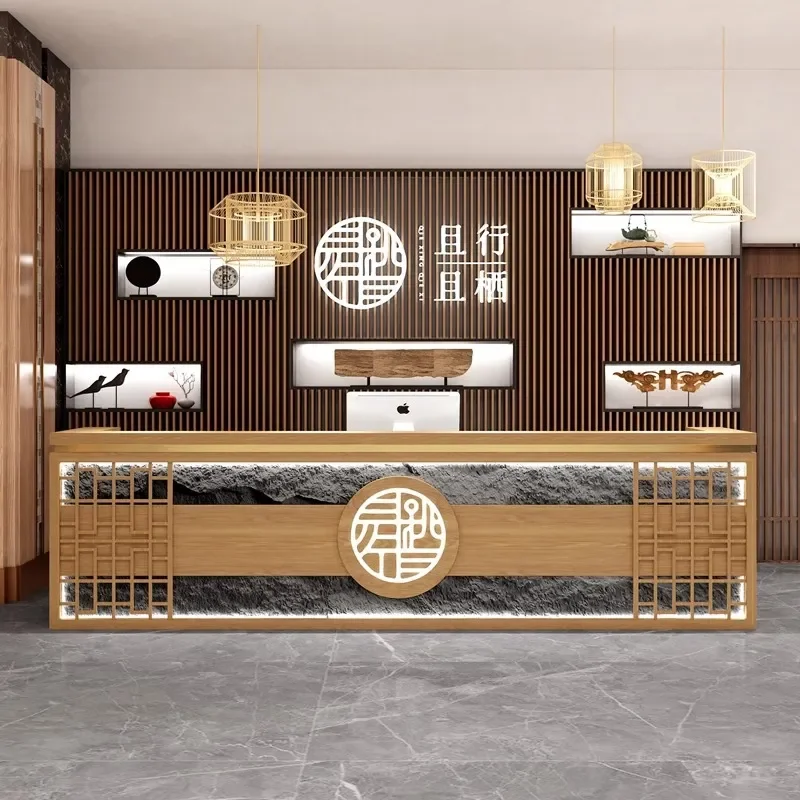 Retro Chinese Teahouse Bar Reception Desk Foot Bath Counter for Hotel Health Club B&B Shop Checkout Table