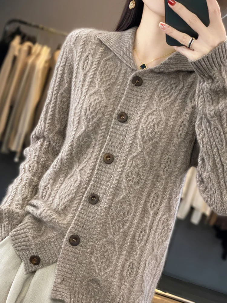 Autumn Winter Coat Women Turn-down Collar Cardigans Sweater 100% Merino Wool Knitwear Loose Twist Flower Cashmere Clothing Tops