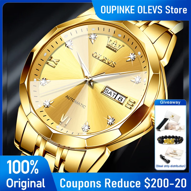 

OLEVS 9982 Mens Watch Rhombic Glass Automatic Mechanical Watch Waterproof Luminous Calendar Week Watches For Man Luxury Reloj