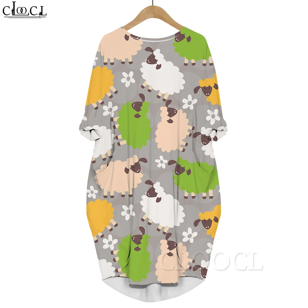 

CLOOCL Dress Cute Cartoon Sheep Graphics Printed Loose Long Sleeve Dress with Pockets Casual Gown Dress Women Party Dresses