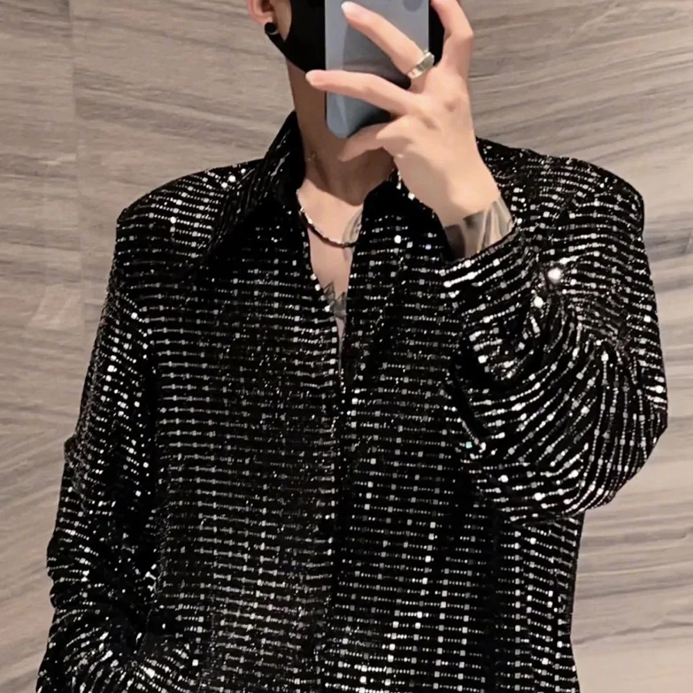 Mens Y2k Sequin Shoulder Pad Jacket Nightclub Personality Temperament Fashion Youth Long-Sleeve Performance Costumes 2024 Summer