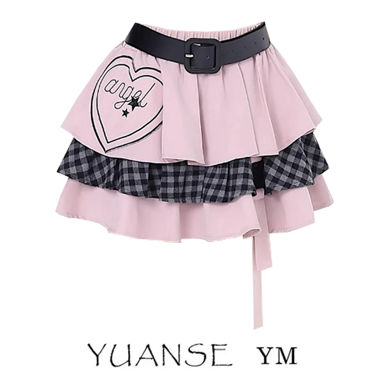 Japanese Millennium Hot Girl Style Heart Printing Plaid Short Stitching Y2K Skirt High Waist A-line Mini Pleated Skirts Women