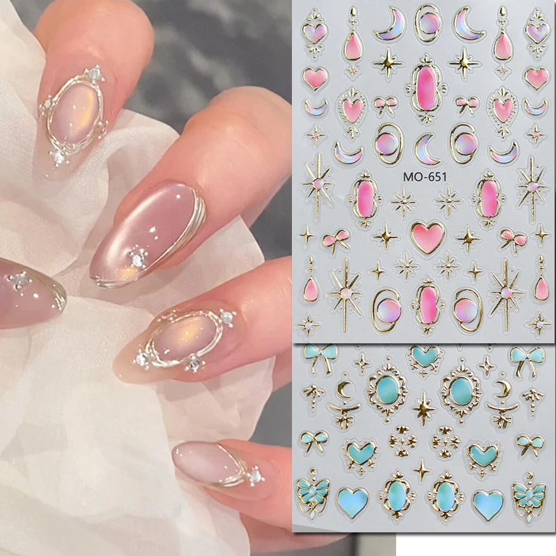 

5d Embossed Nail Art Stickers Gold Stars Moons Hearts Pink Blue Red Baroques Decals Decorations For Nail Tips Manicures