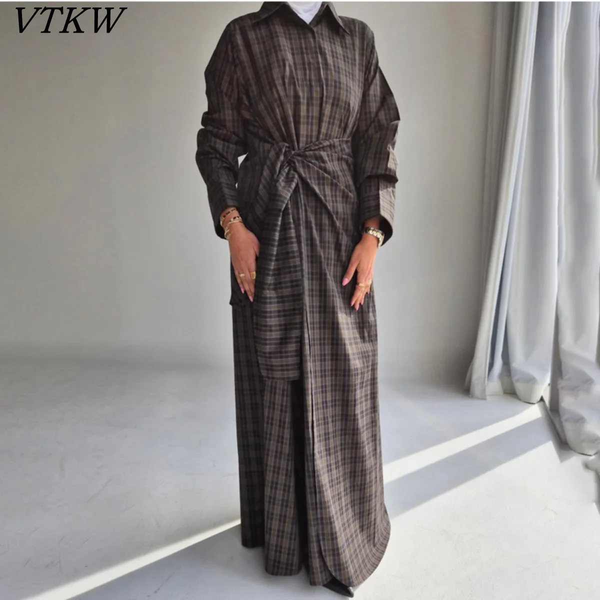 

VTKW 2026 New Arrival Women Dark Brown Plaid Shirt Dress Twist Front Tie Waist Maxi Length Modest Casual Commute