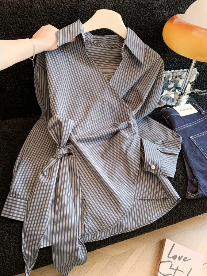 

Tall Women's Long Sleeve Striped Shirt Jacket Bohemian Style Belted Waist Spring Autumn New Design Cotton Casual Top