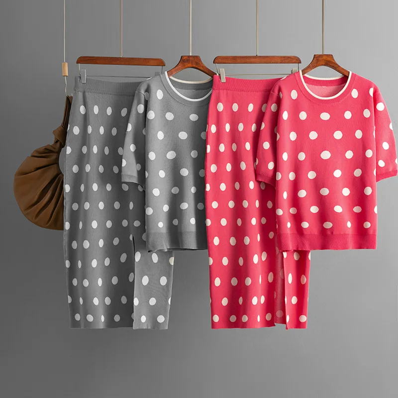 

Polka Dot Design Knitted 2 Piece Sets Women O-neck Short Sleeve Pullover Tops Conjuntos Korean High Waist Skirts Knitwear Outfit