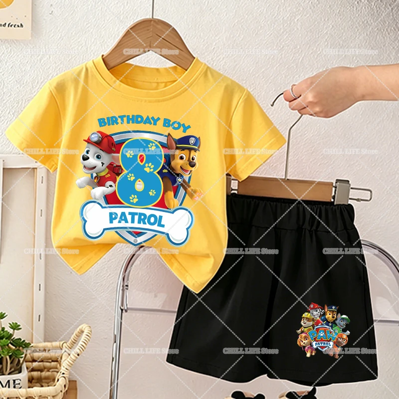 Paw Patrols Number T Shirt Shorts 2pcs Kids Birthday Clothes Set Cartoon Chase Marshall Boy Tracksuit Summer Children Tee Suit