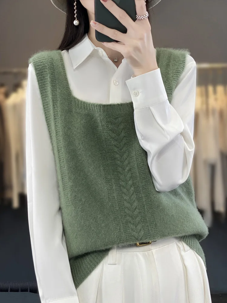 Autumn Winter Women's Cashmere Sweater Vests Square Collar Pullovers 100% Merino Wool Knitwear Sleeveless Grace Female Clothing