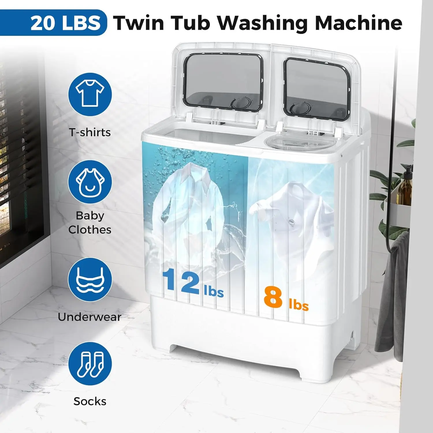 Twin Tub 20 Lbs Capacity, Portable Washer(12 Lbs) and Spinner(8 Lbs), Durable Design, Timer Control, Compact Laundry Washer