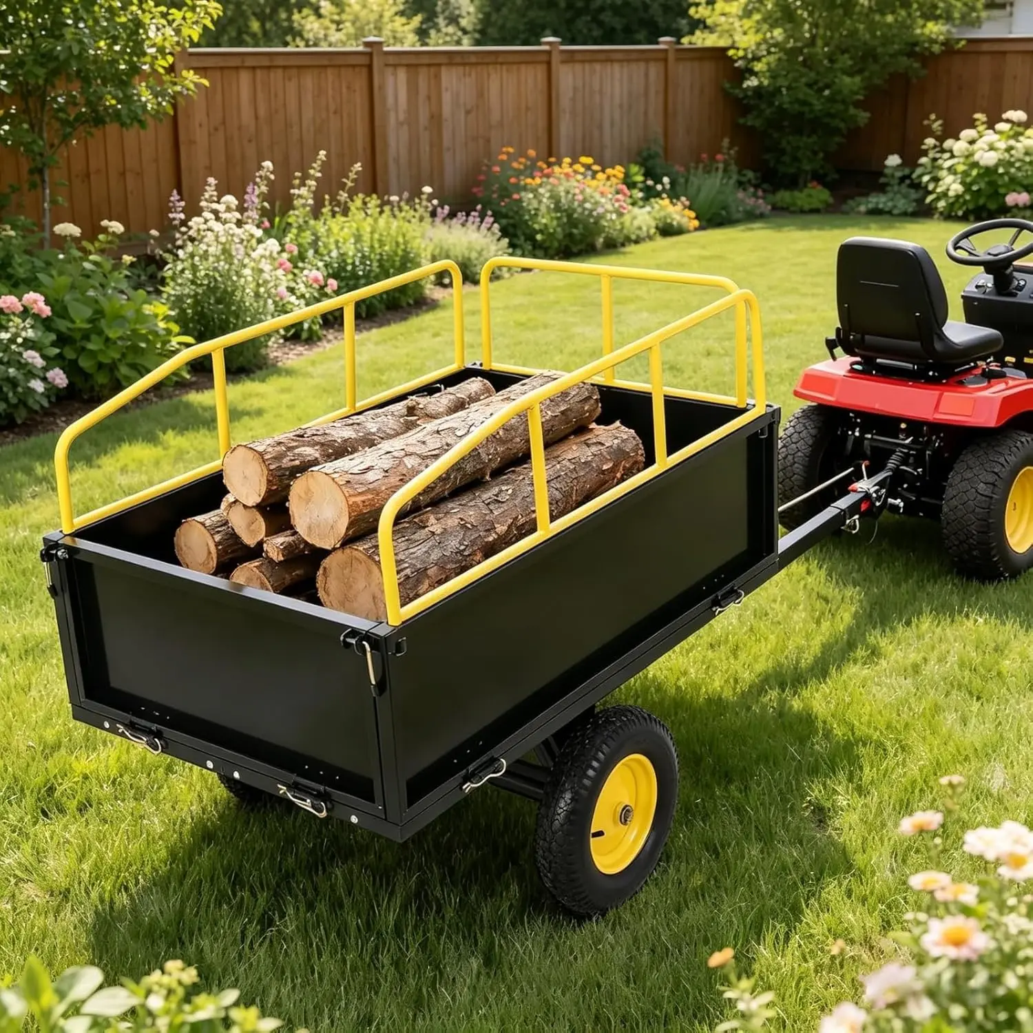 Heavy Duty ATV Trailer Tow Behind Steel Dump Cart, Yard Garden Trailer with All Terrain Tires for Lawn Mower, Tractor