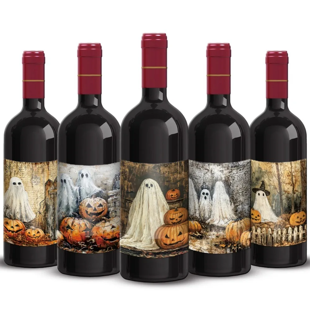 Halloween Wine Bottle Stickers Bar Beverage Bottle Label Horror Atmosphere Pumpkin Stickers Happy 2024 Halloween Party Decor