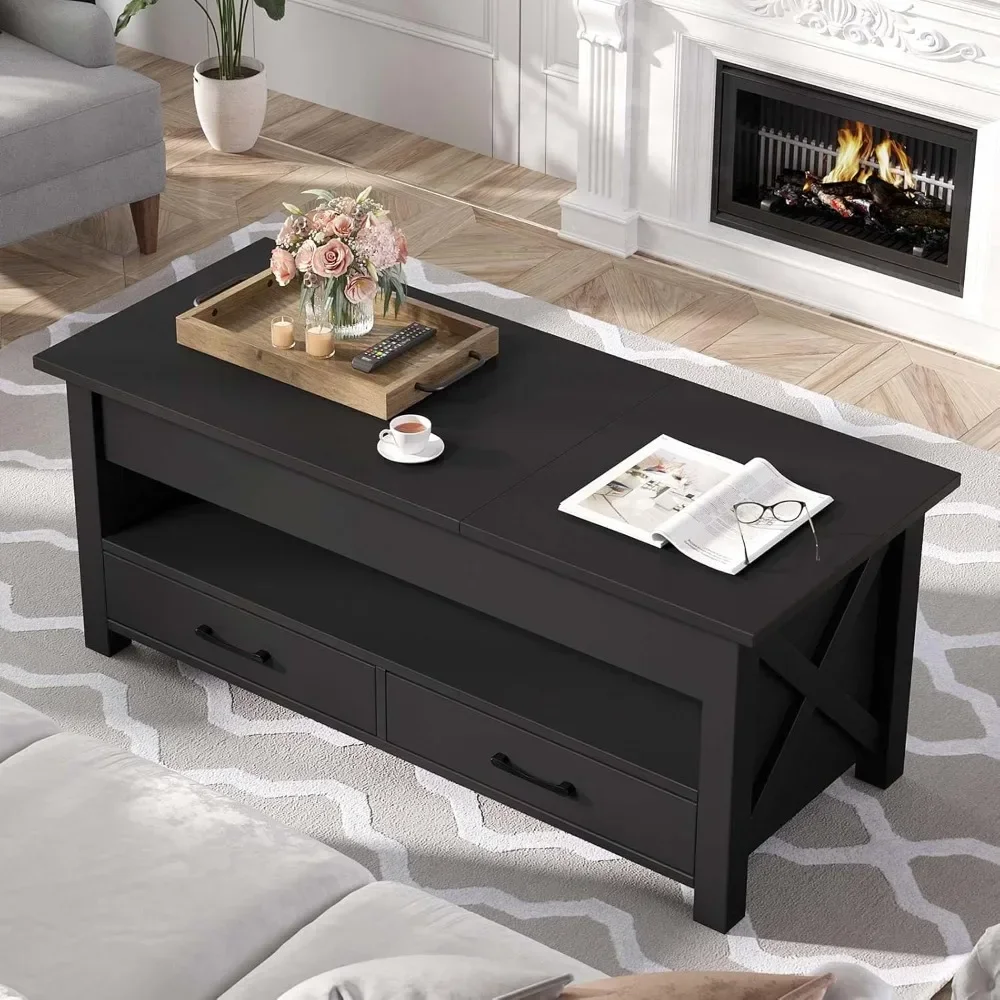 Premium lift coffee table with 2 storage drawers and hidden compartments, vintage central table with lift top, black