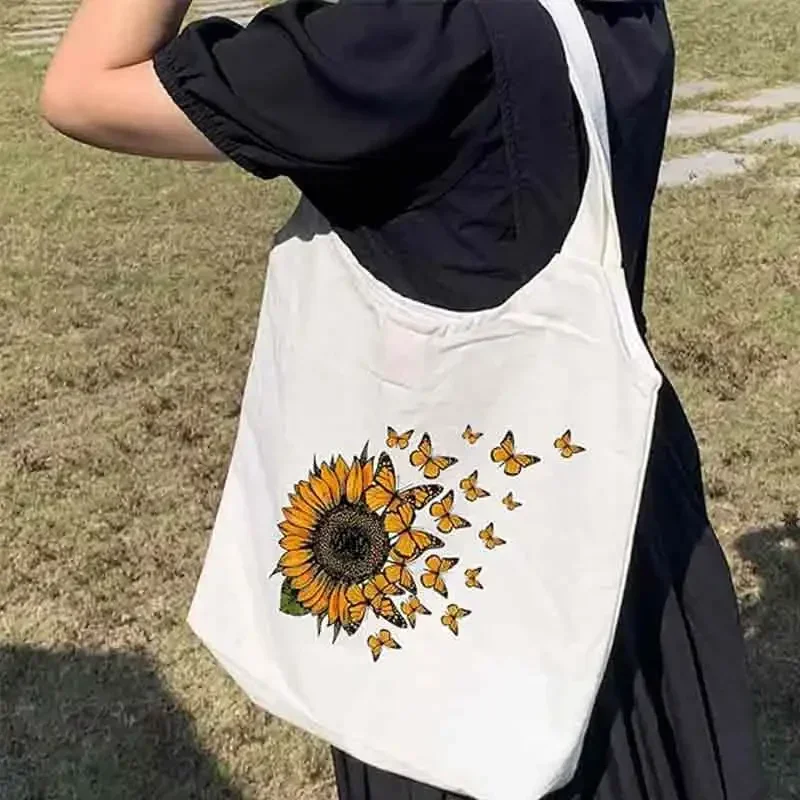 FD01 Sunflower Graphic Canvas Bags With Handles Reusable Shopping Bag