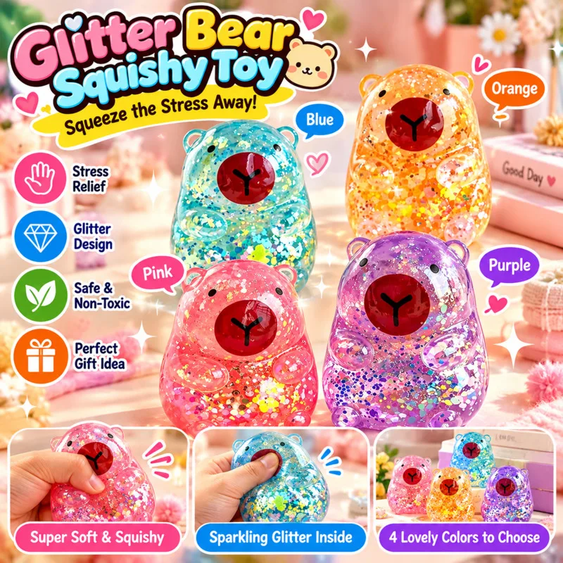 Capybara Cute Squishy Toy, Glitter Liquid Stress Relief Ball, Kawaii Animal Squeeze Fidget Sensory, Toys Birthday Gift For Kids