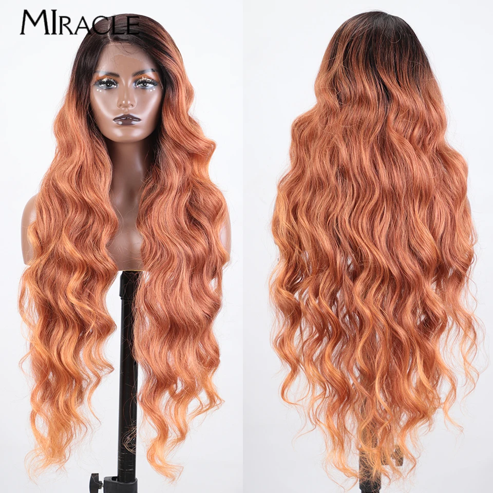 MIRACLE-peluca sintética con malla frontal para mujer, pelo falso de fibra suave, color marrón, resistente al calor, 36 pulgadas