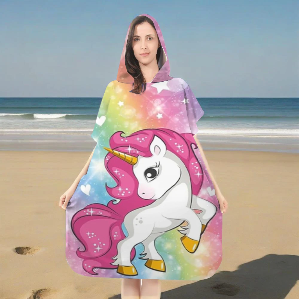 Hooded Bathrobe Unicorn Print Microfiber Quick Dry Absorbent Beach Robe Changing Robe Swim Cover Up for Kids Adults Swimming