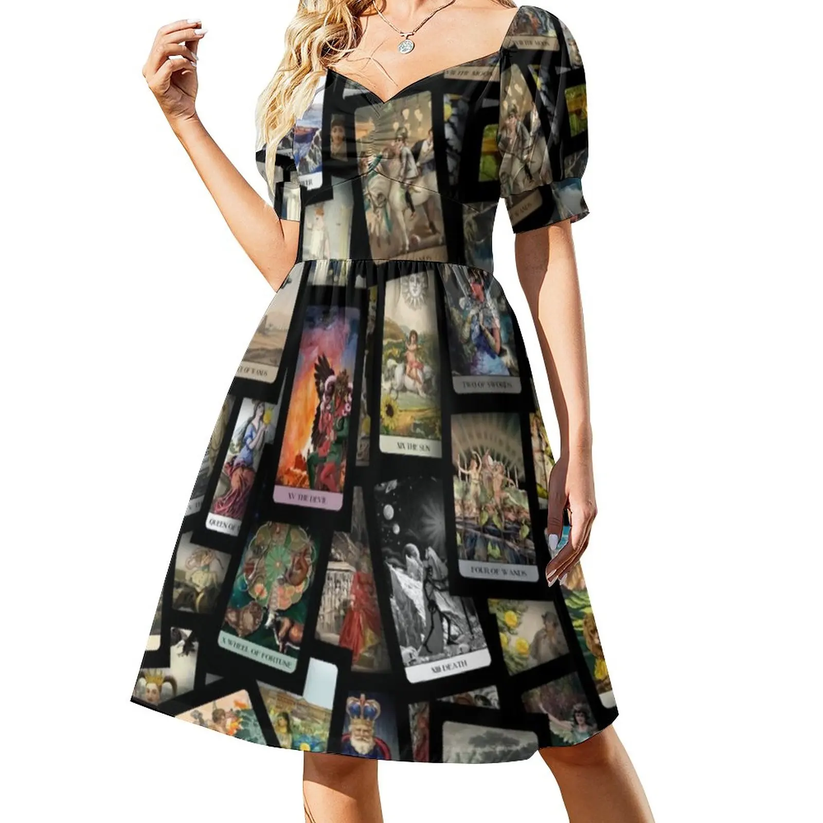 Tarot Deck Print Dress Sexy V Neck Victorian Art Retro Dresses Ladies Streetwear Graphic Oversized Casual Dress Birthday Present