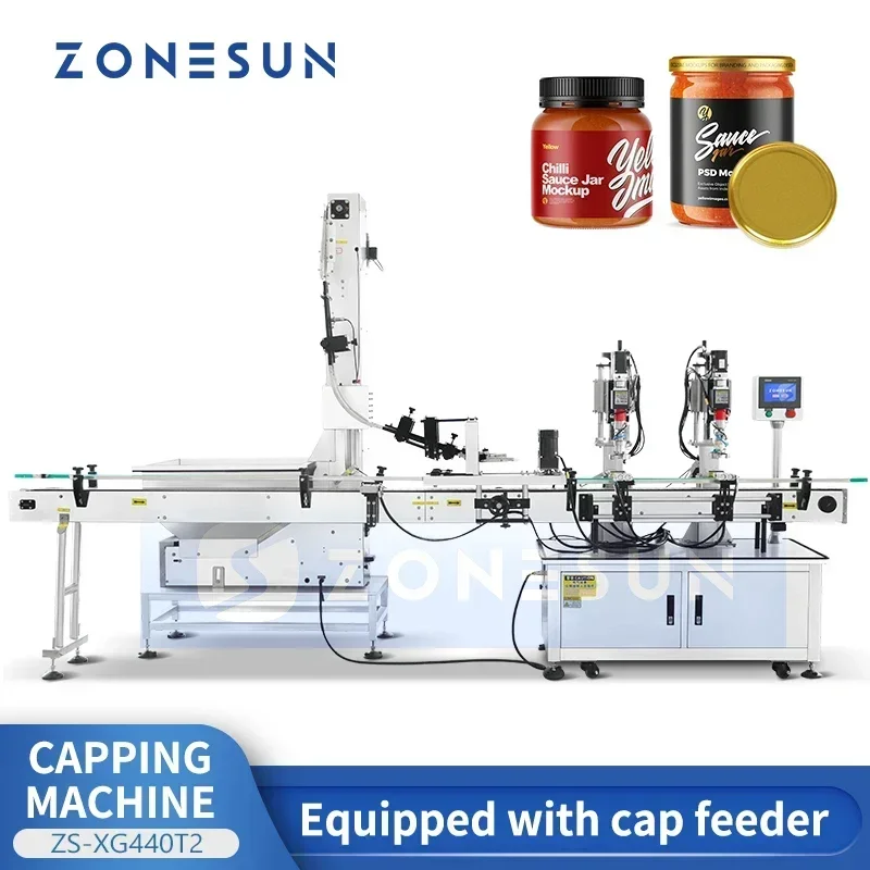 ZONESUN Macchina automatica per sigillare bottiglie con tappatore a rotazione Sigillatrice per barattoli Salsa per pasta Ketchup Attrezzatura per imballaggio ZS-XG440T2