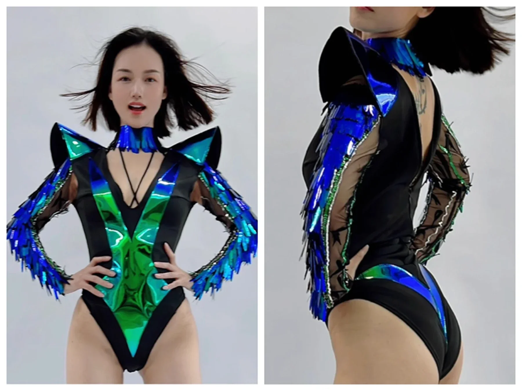 

Fantasy Blue Green Laser Mirror Sequin Women's Shrugged High Fork Bodysuit Sexy Nightclub Bar Singer Stage Dance Walk Show Wear