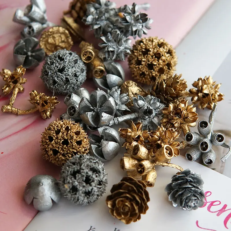 Gold Silver Dried Fruits Christmas Home Decor Garland Ingredients Retro Texture Pinecone Acorn DIY Wreath Flowers