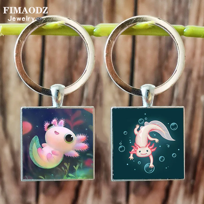Axolotl Square Pendant Keychain High Quality Metal Key Rings Cartoon Axolotl Cute Key Chains