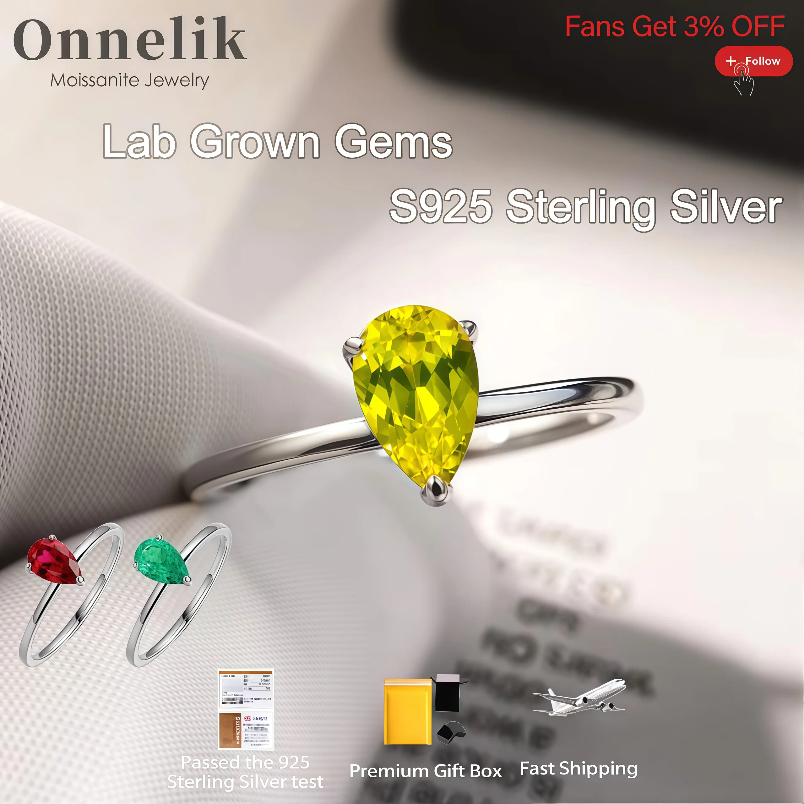 

Onnelik 1CT 5x8mm Real Lab Grown Ruby/Canary Yellow/Emerald Gems Ring 925 Sterling Silver for Women Wedding Party Fine Jewelry