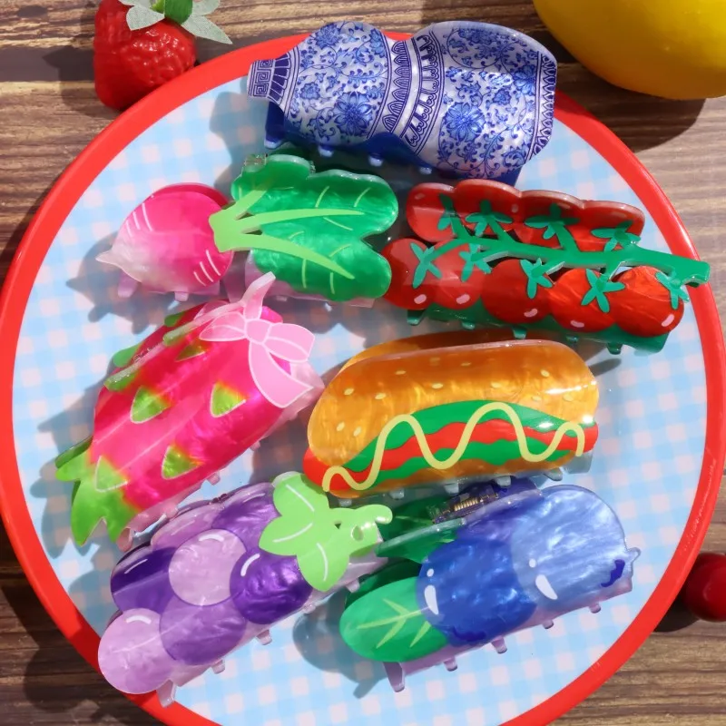 HANGZHI Creative Hot Dog Hair Clip Colourful Dragon Fruit Grape Tomato Shark Clip Personalised Fun Hair Accessories for Women