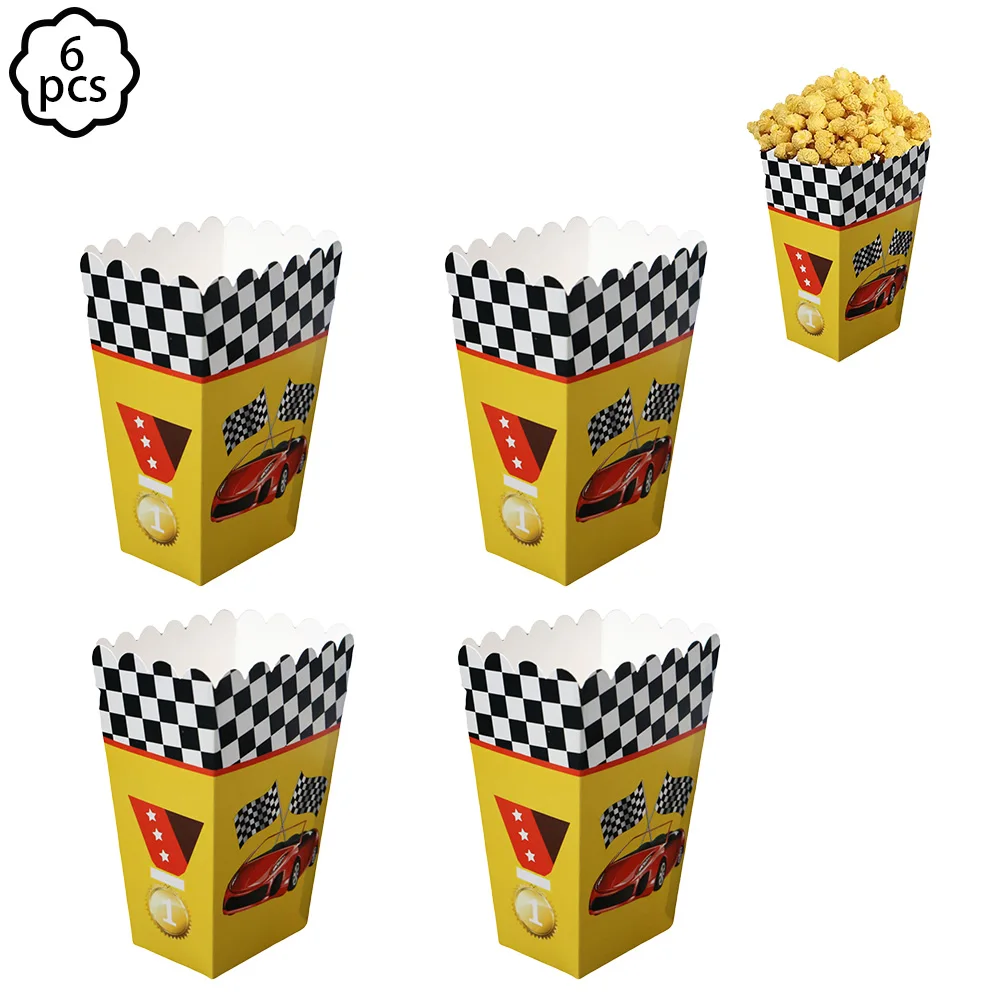 6 قطعة صناديق الفشار لسيارات السباق صندوق الحلوى أبيض أسود سباق السيارات كاندي البسكويت صندوق الأولاد سباق السيارات حفلة عيد ميلاد لوازم الديكور