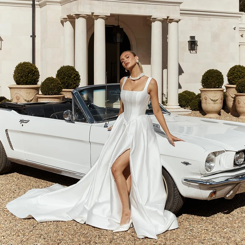 

Eightree 2026 A-Line Wedding Dresses Square Collar Sleeveless Side Slit Bridal Dress Formal Wedding Ball Prom Gowns Customized