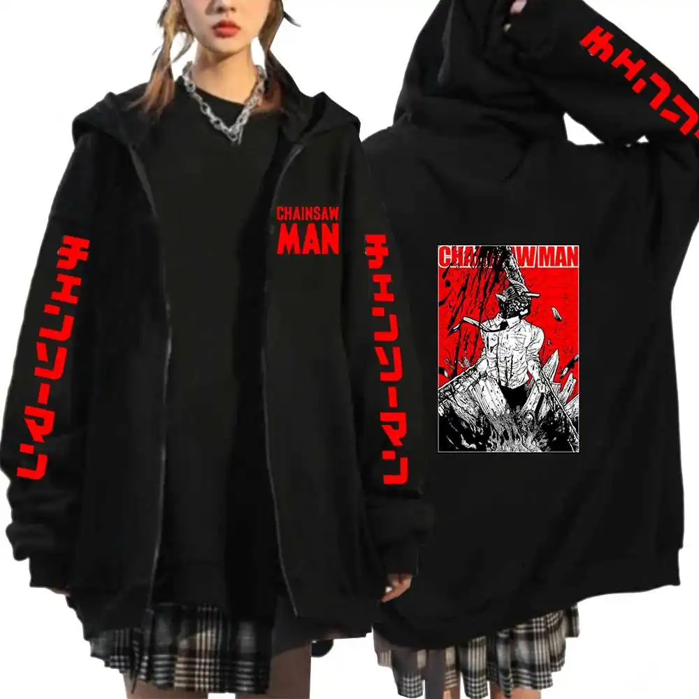 Hot Anime Chainsaw Man Power Plus Size Zip Hoodies Print Hooded Harajuku Women Long Sleeve Sweatshirts Female Zipper Jacket