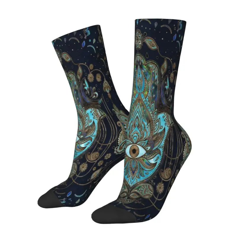 Hand Of Fatima Blue Gemstones Men's Crew Socks Unisex Funny Hamsa Hand Evil Eye Spring Summer Autumn Winter Dress Socks