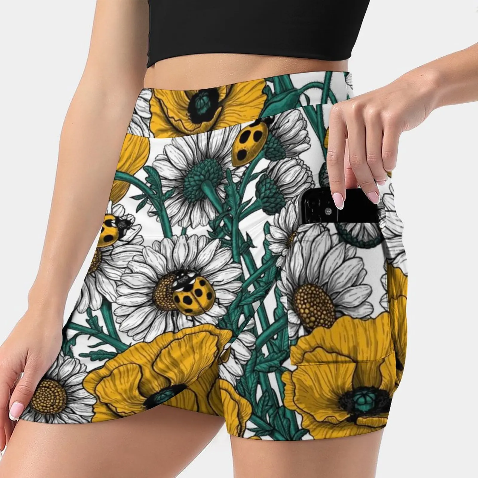 The Meadow In Yellow Women's skirt Mini Skirts A Line Skirt With Hide Pocket Ink Pattern Nature Vector Vintage White Yellow