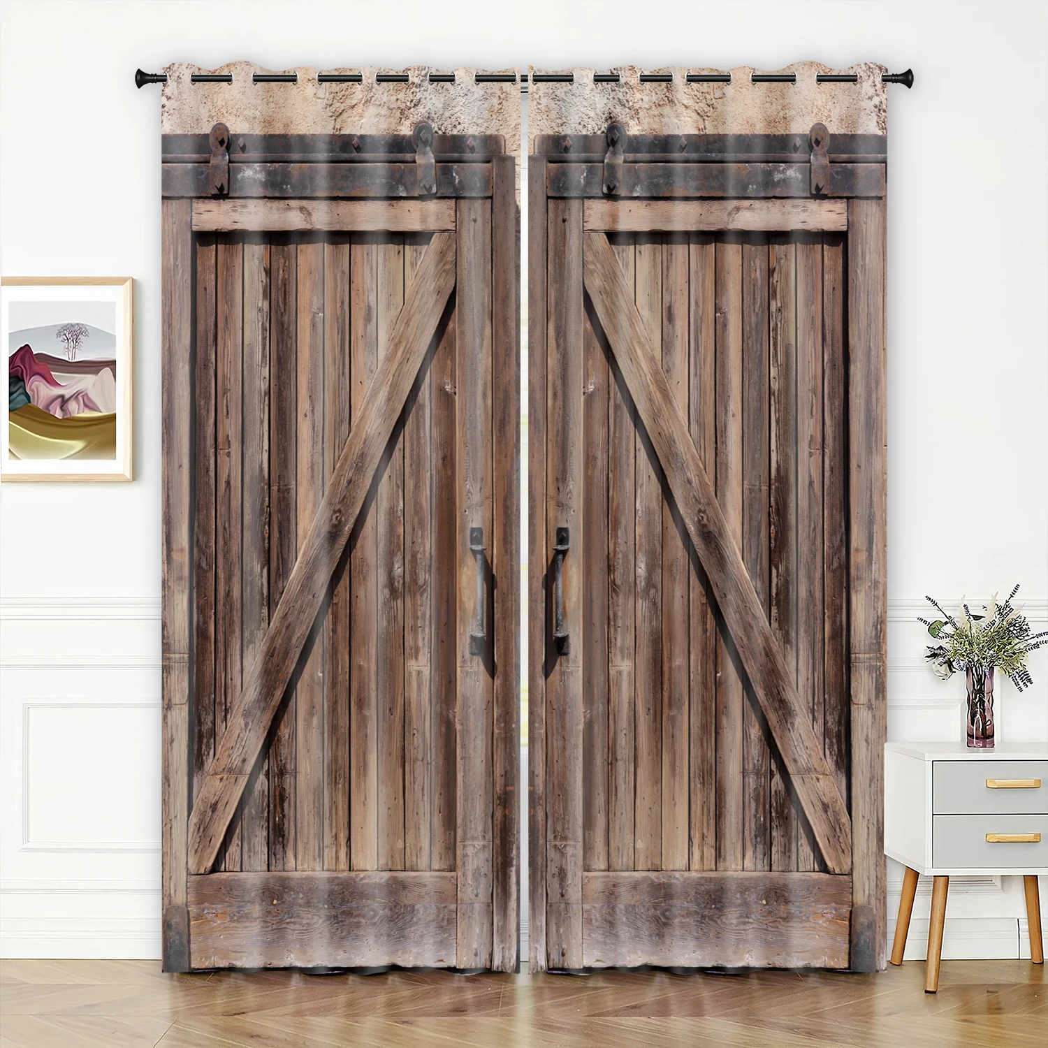 Retro Wooden Door Texture Vintage Barn Curtains for Bedroom Living Room Kitchen Window Curtain Modern Home Room Decor 2 Panels