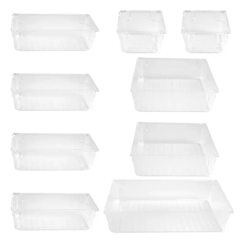 B03C-9 Pcs Clear Drawer Organizer Trays Assorted 4-Size Drawer Dividers, Versatile Storage Boxes Makeup Organiser Set