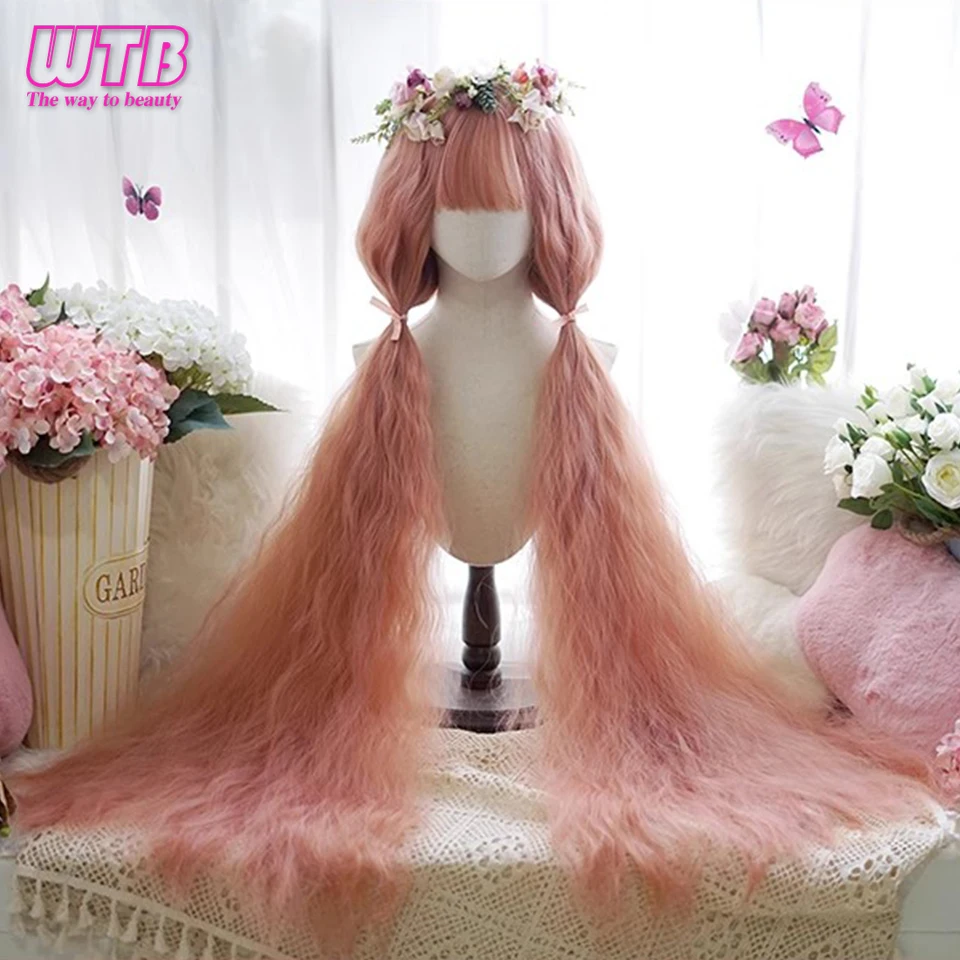 WTB  Synthetic 120cm Long Curly Cosplay Wig with Bangs Pink Blonde Brown Lolita Wig Women Christmas Party Corn Curly Wigs Female