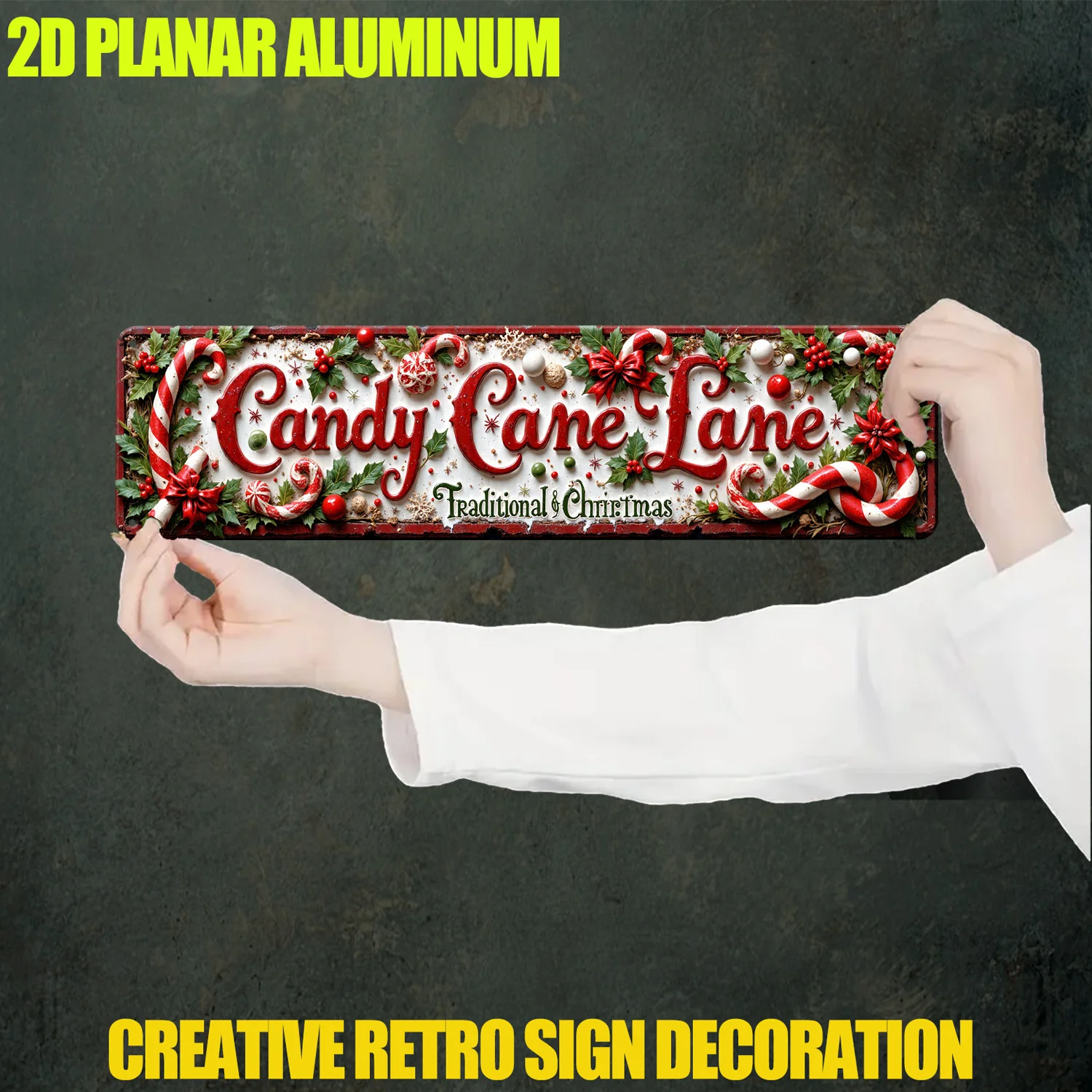 2D Flat, 1pc Vintage Candy Cane Lane Sign - Large 15.7x3.9 Inch (40x10cm) Red & White Christmas Decoration with Candy Canes, Hol